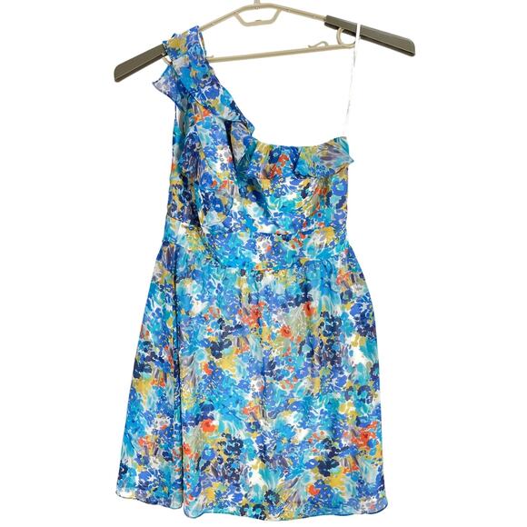 Tahari Womens Dress Size 12 Blue Floral Printed One Shoulder Colorful Flowy - Picture 2 of 7